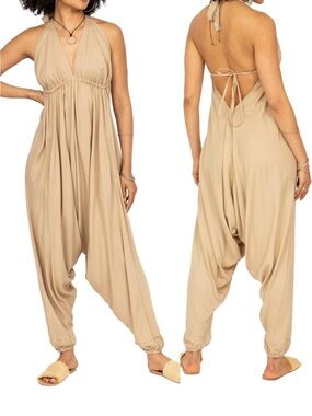 Backless Halter Beige Harem Jumpsuit